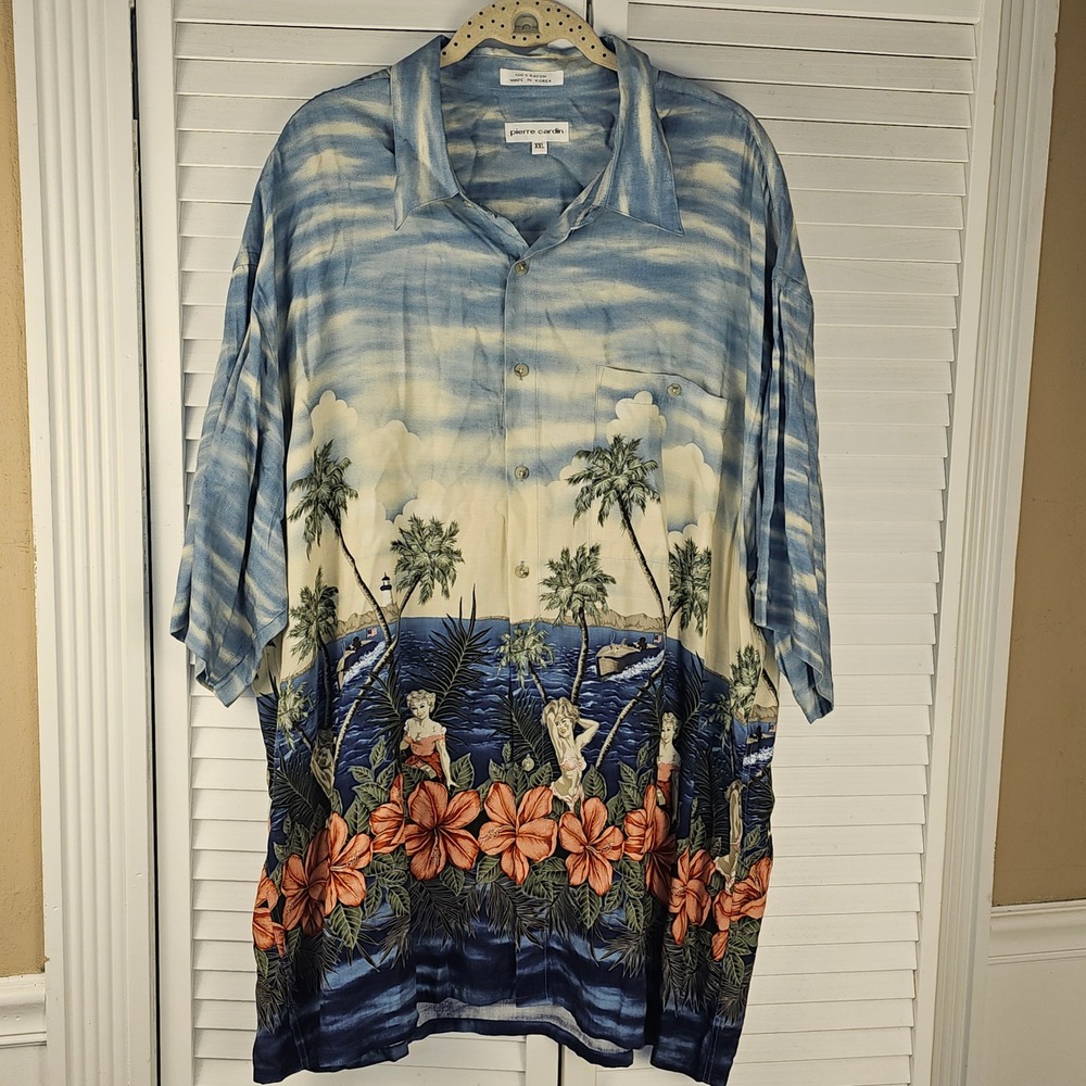 Pierre Cardin Mens Hawaiian Island Girl Shirt Sleeve Button Down Camp Shirt XXL